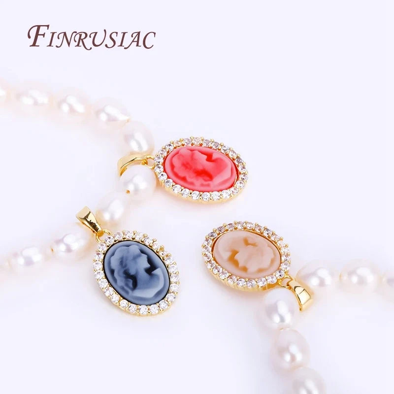 18K Gold Plated Zircon Oval Cameo Pendant Charms – 3 Colors