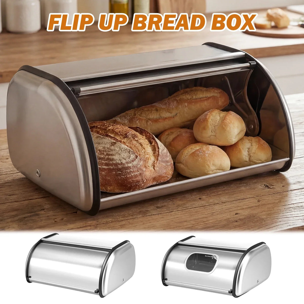 Stainless Steel Bread Box Large Capacity Flip-Top Lid Organizer
