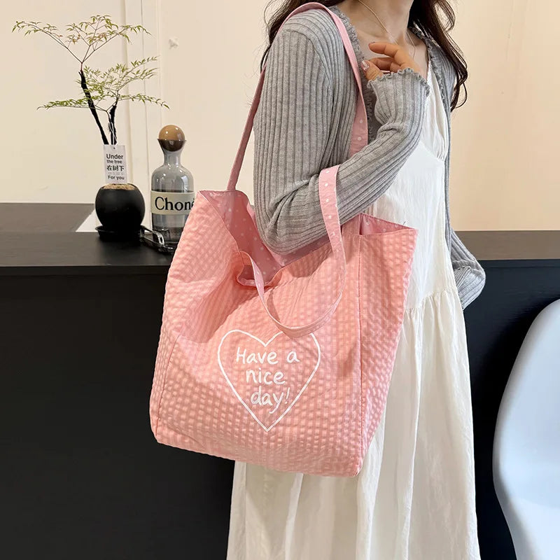 Double-Sided Plaid Polka Dot Canvas Tote Bag – Large Women's Shoulder Bag