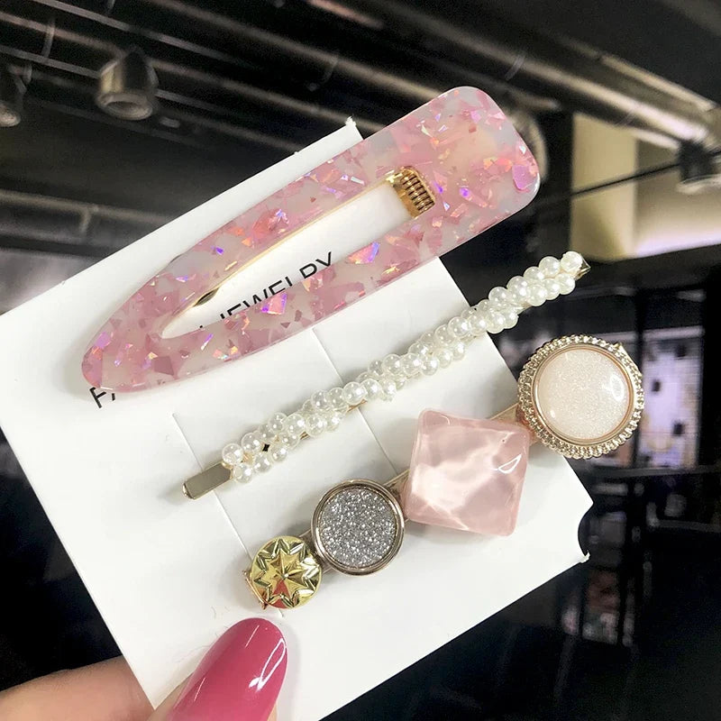 Pearl Crystal Hair Clips Set – Korean Geometric Barrettes