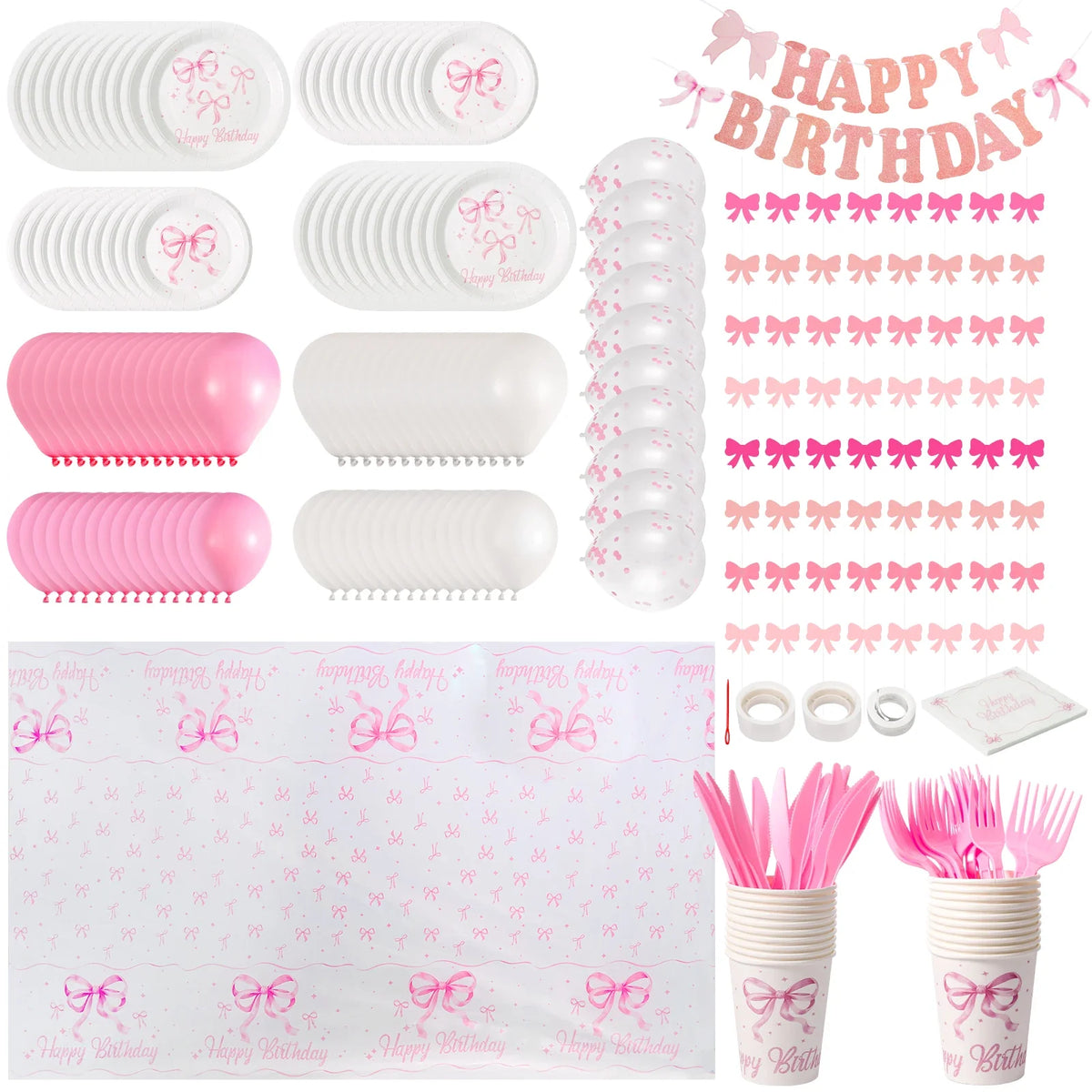 Pink Bow Party Decoration Set – Tableware & Balloons for 20
