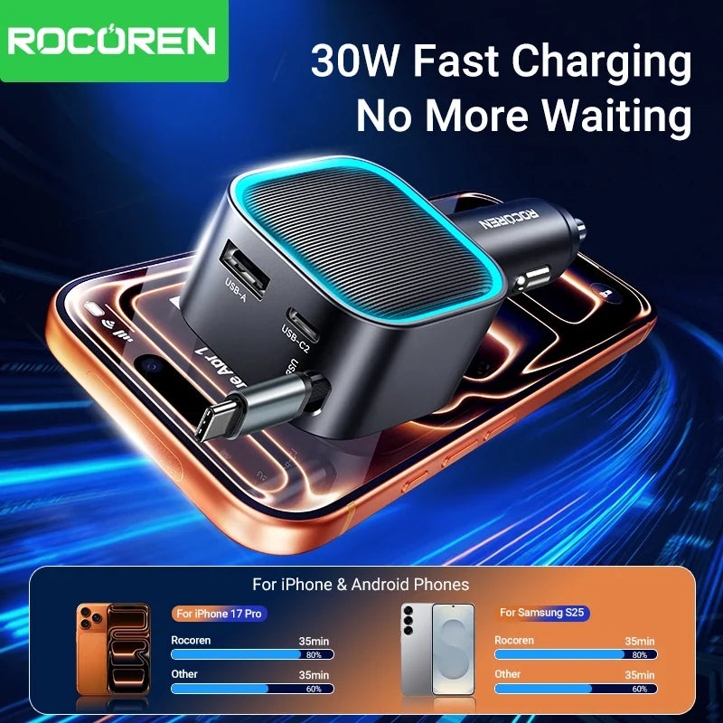 Rocoren 3-in-1 PD 30W Retractable Car Charger 2C+A Ports