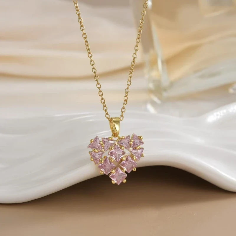Full Diamond Heart Pendant Necklace – Gold Stainless Steel