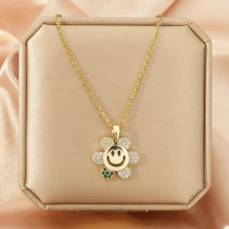 Sunflower Pendant Necklace – Gold Copper & Zircon for Women