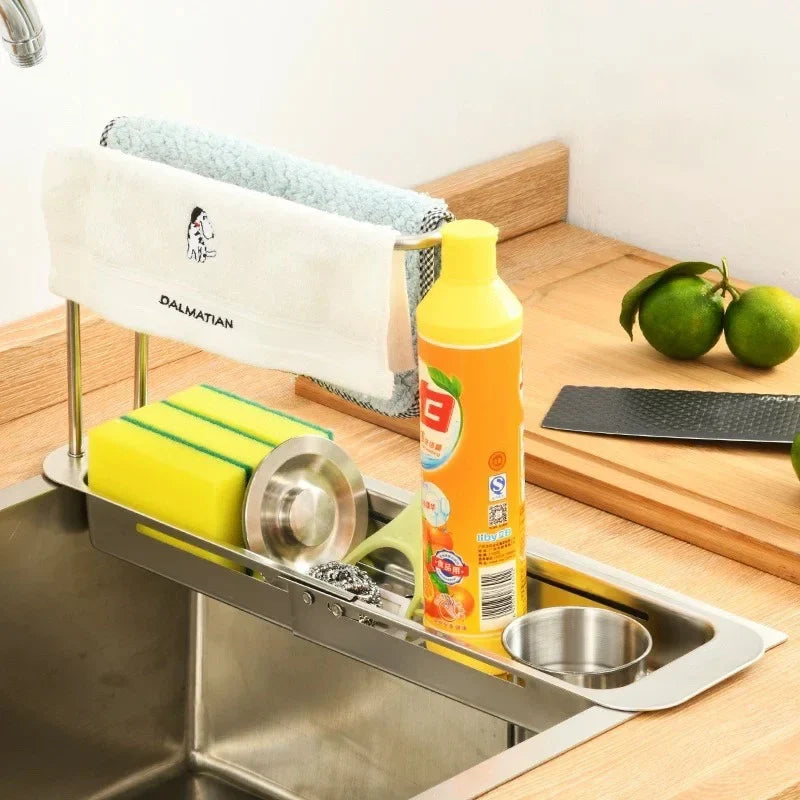 Telescopic Stainless Steel Sink Organizer Rack & Drain Basket