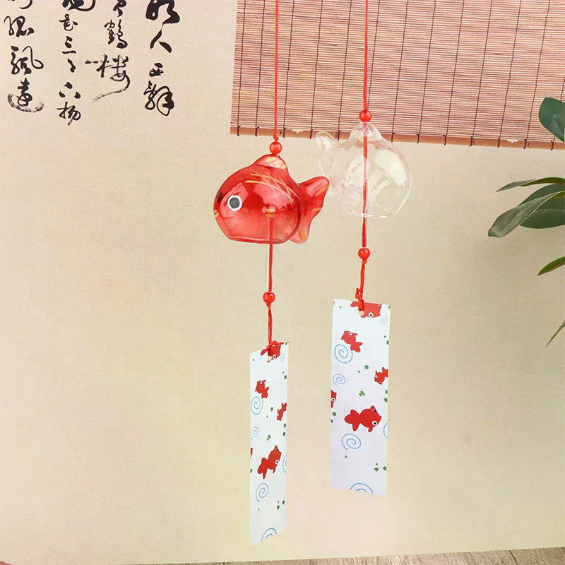 Japanese Glass Goldfish Wind Chime Furin Garden Hanging Decor