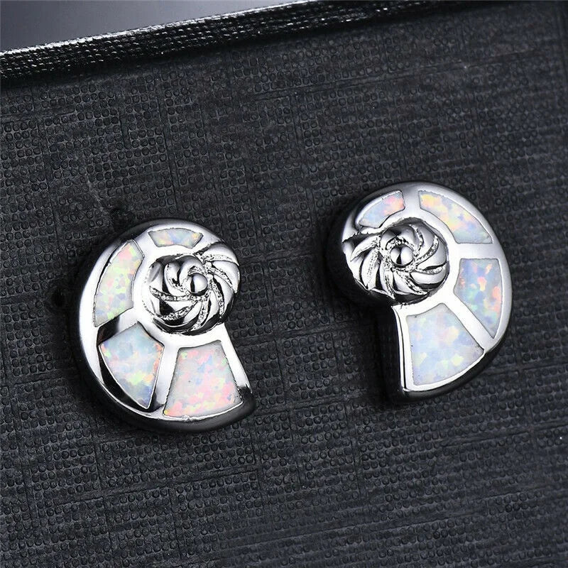 White Snail Simulated Opal Glass Vintage Stud Earrings