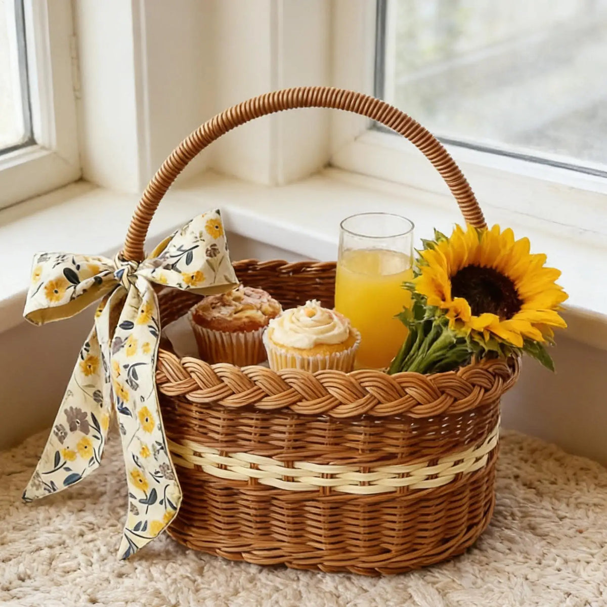 Woven Picnic Basket Rattan-Look Hamper with Handle & Ribbon