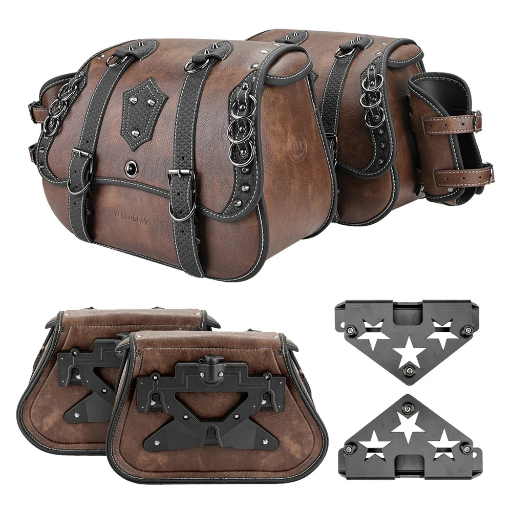 Retro PU Leather Motorcycle Saddlebags – Universal Fit w/ Brackets