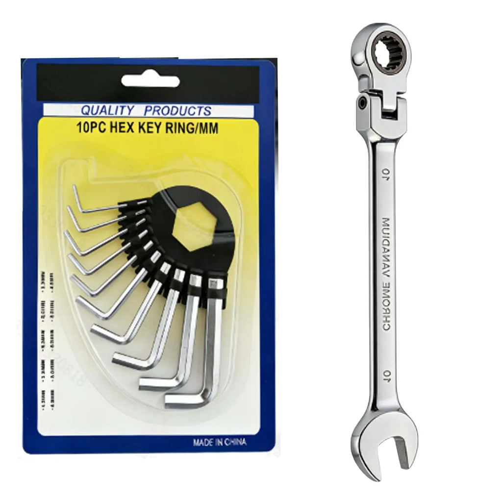 11-Pc Vanadium Steel Wrench Set – Hex Keys & Swivel Ratchet
