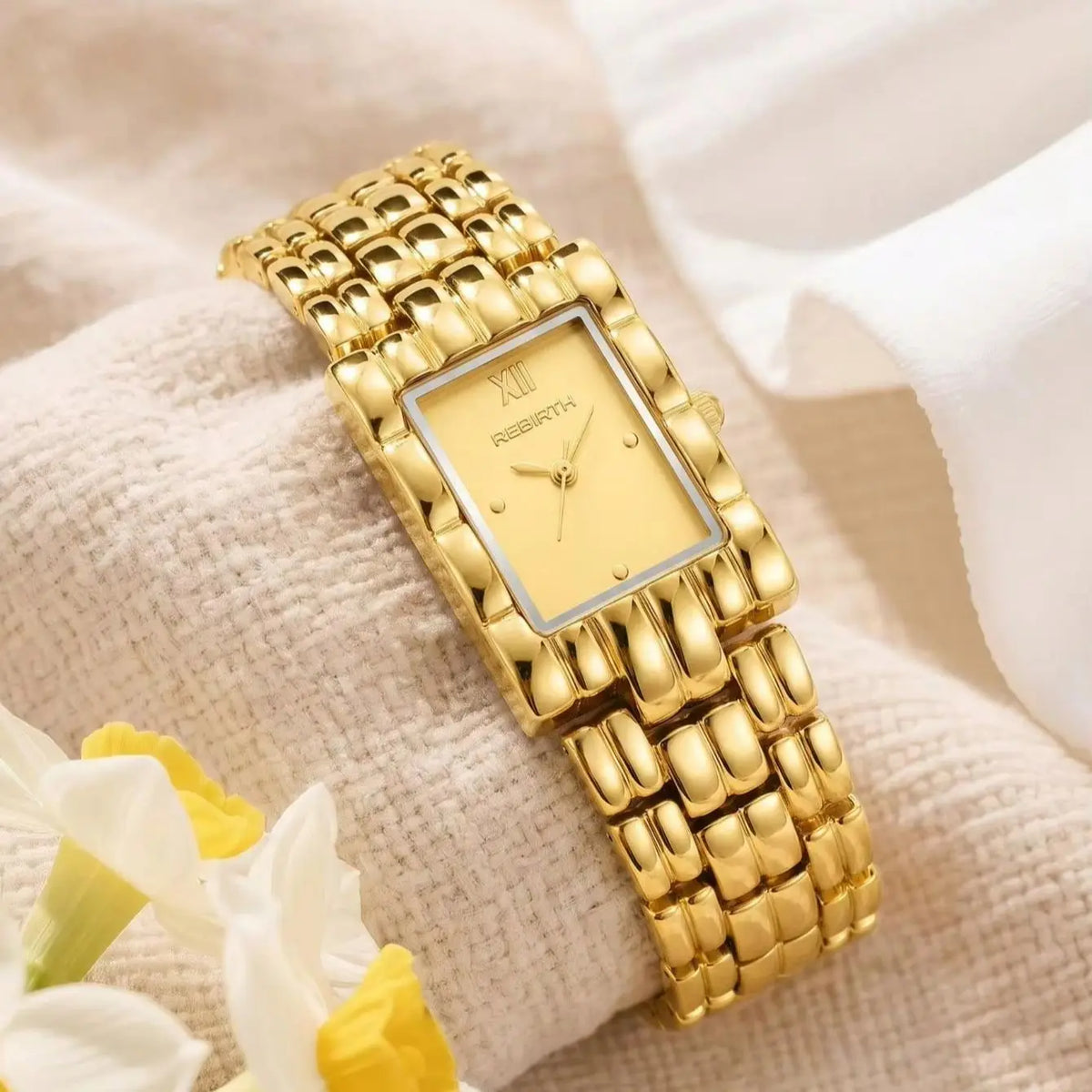 REBIRTH Vintage Square Women's Quartz Watch | Gold Chain Strap