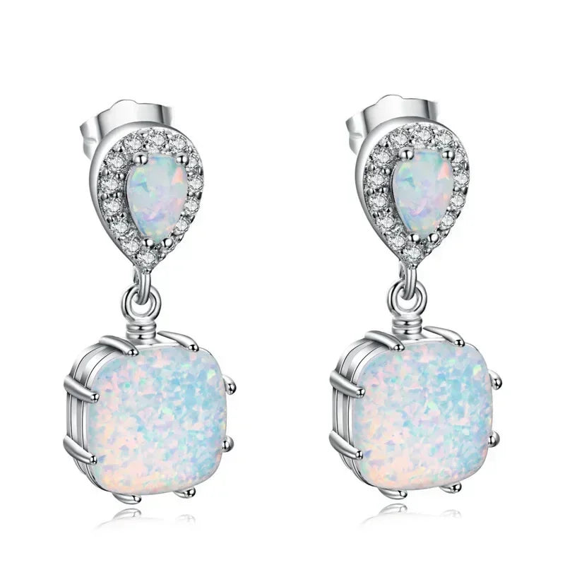 White Simulated Opal Dangle Earrings – Zinc Alloy Hook Style