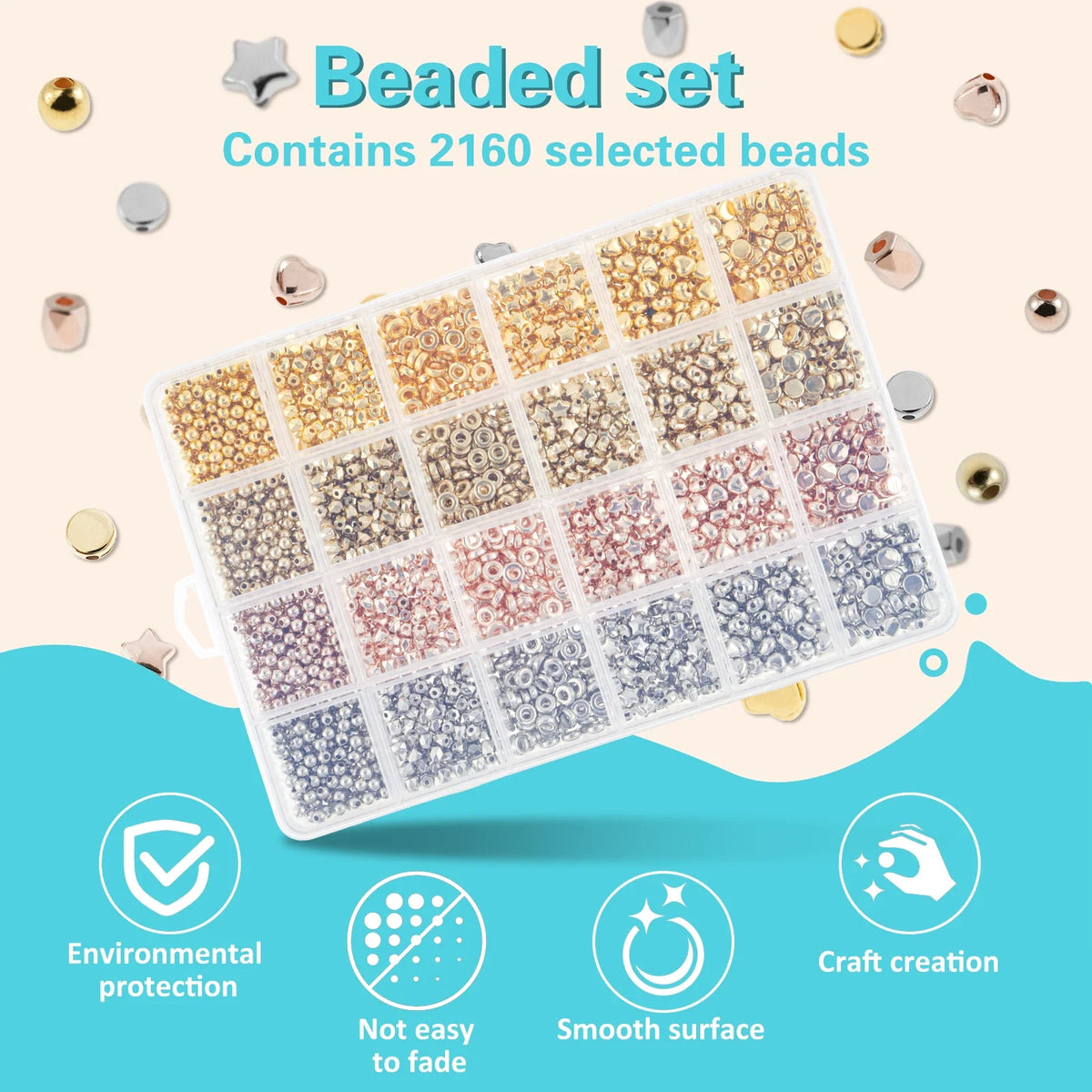 2160Pcs Spacer Beads Set – 6 Shapes & 4 Colors DIY Jewelry Kit