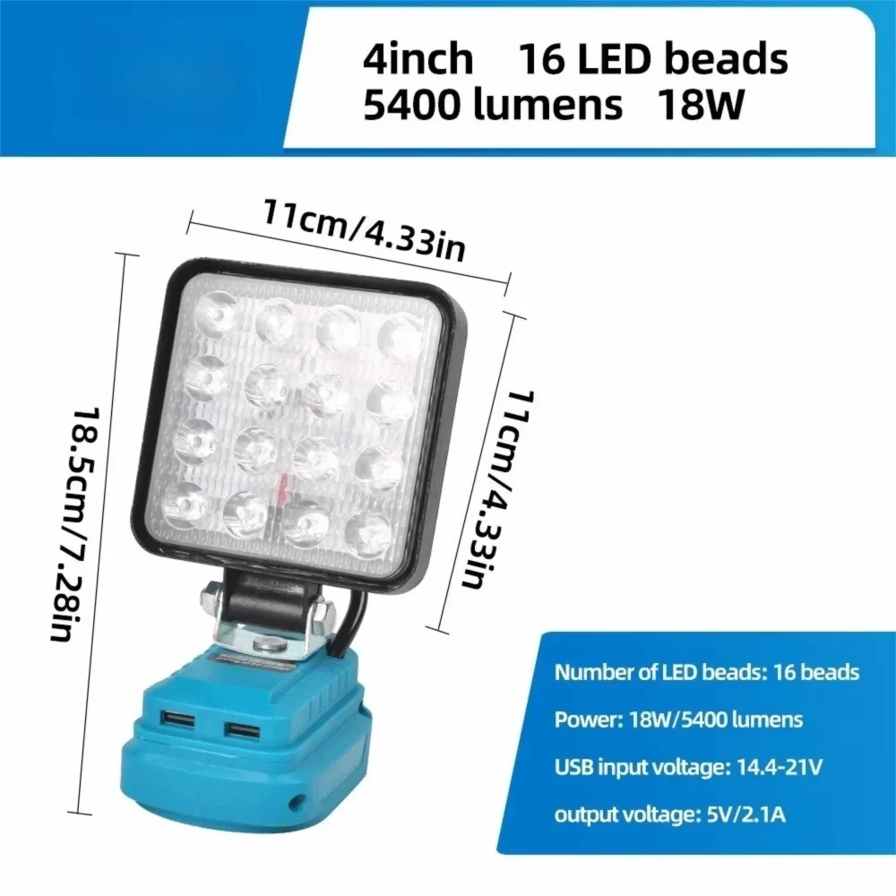 LED Work Light 4/8 Inch for Makita 18V Battery + 2 USB Ports