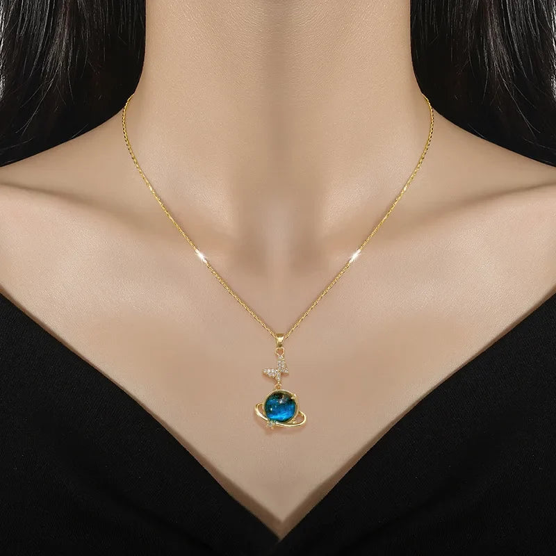 Starry Sky Butterfly Pendant Necklace Gold Stainless Steel