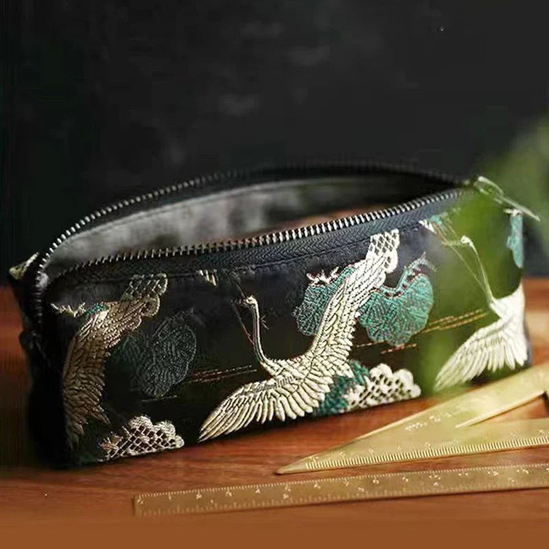 Vintage Embroidery Pencil Case Large Capacity Cotton Linen Pouch
