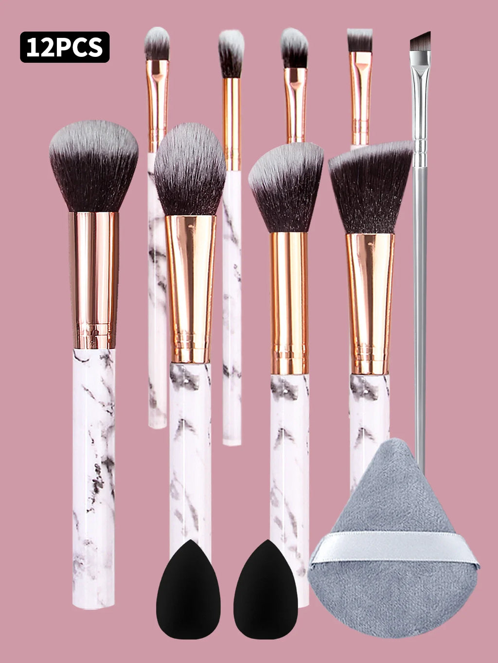 10Pcs Marble Makeup Brush Set with Sponge Puff – Full Kit
