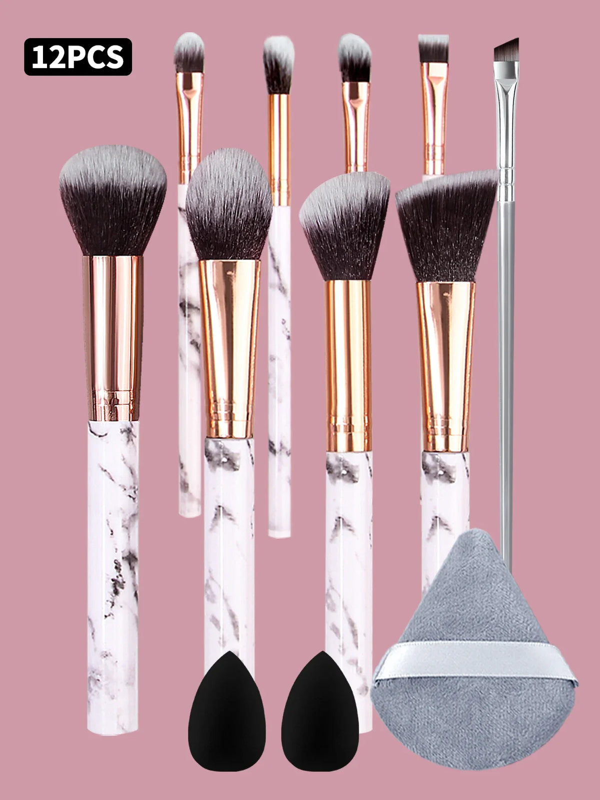10Pcs Marble Makeup Brush Set with Sponge Puff – Full Kit
