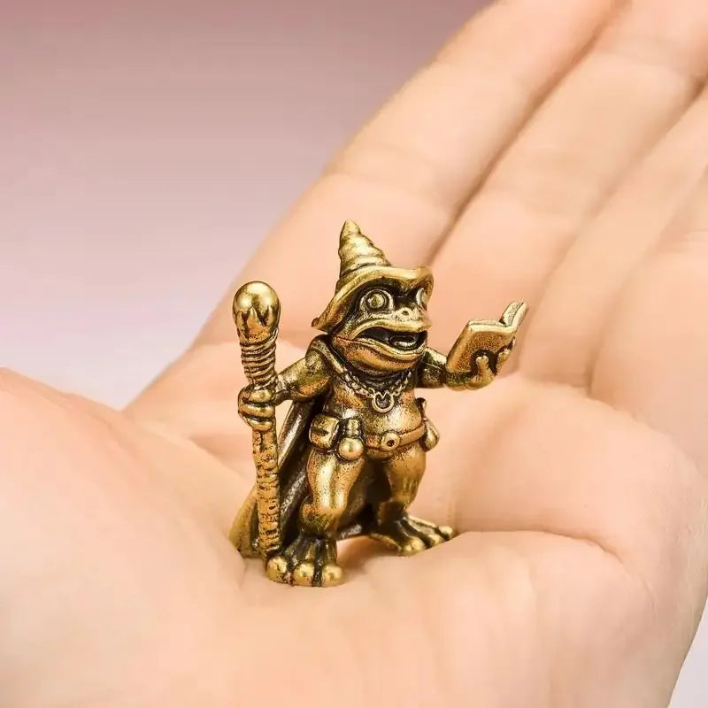 Vintage Brass Frog Wizard Statue – Magic Wand Figurine