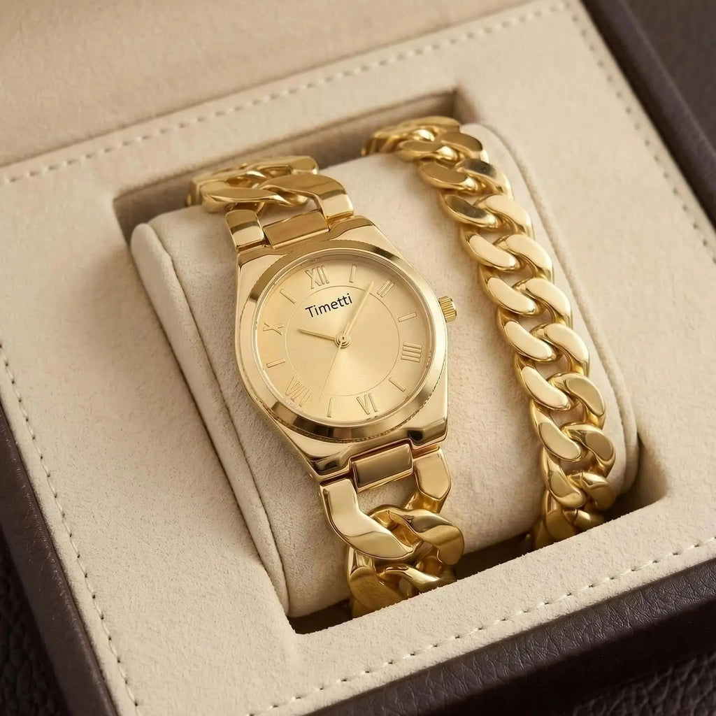 Women's Gold Watch & Bracelet Set | Quartz Roman Numeral