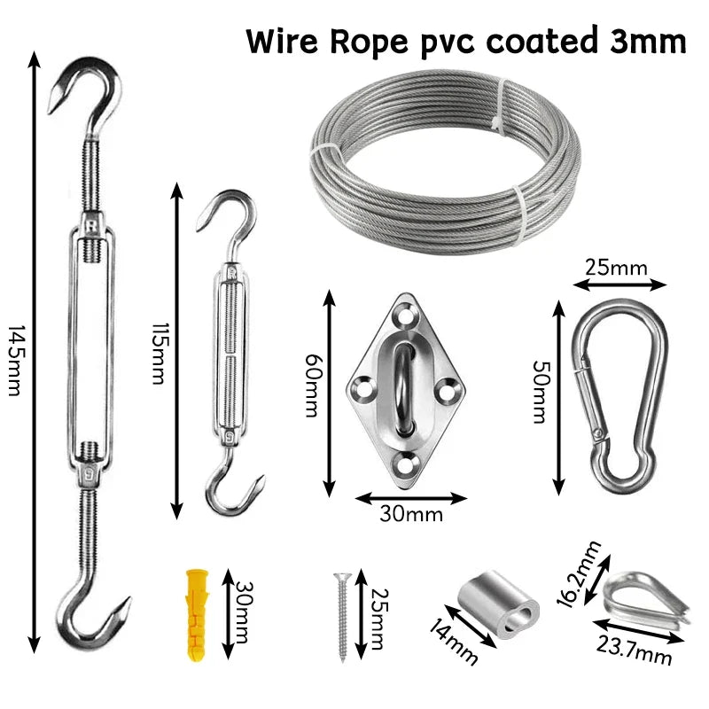 Shade Sail Hardware Kit – 304 Stainless Steel & 30M Wire Rope