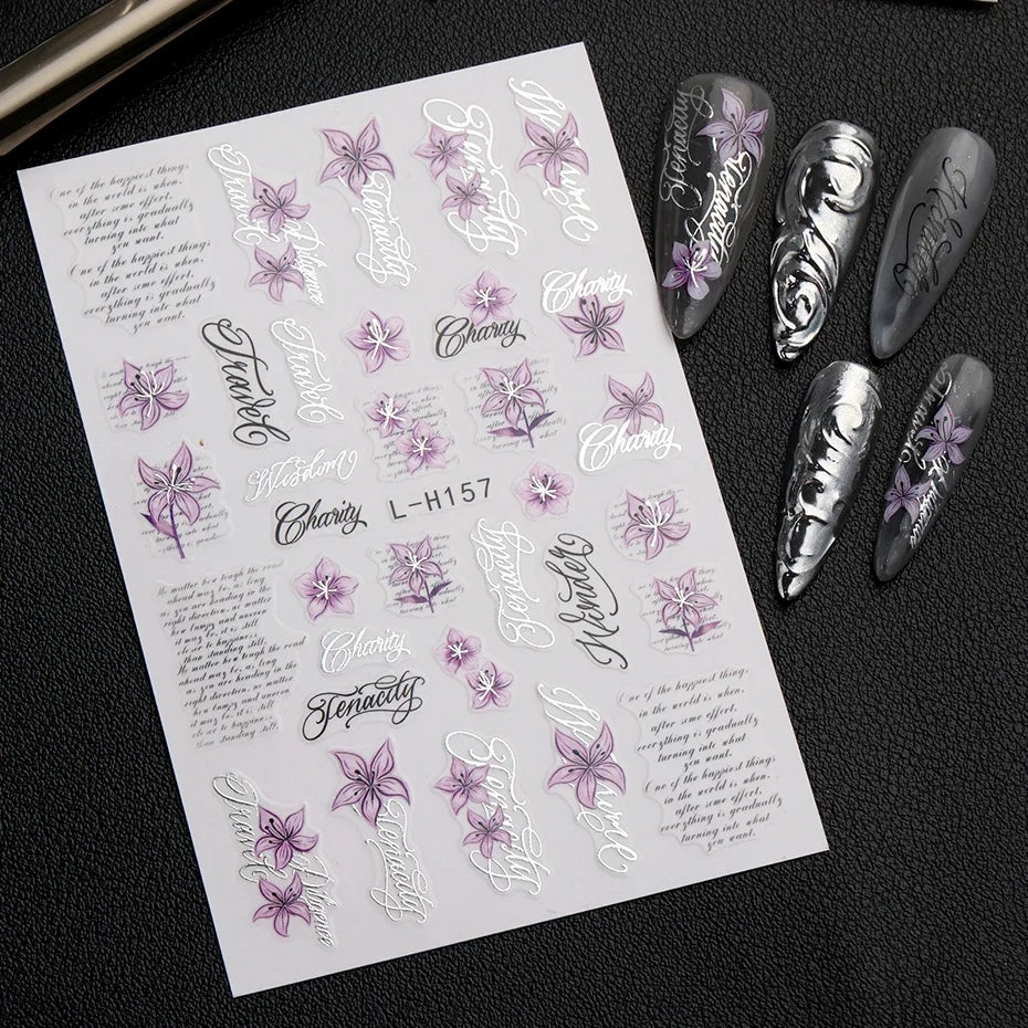 Purple Lily Floral Nail Stickers & Cursive Letter Decals – 2pcs