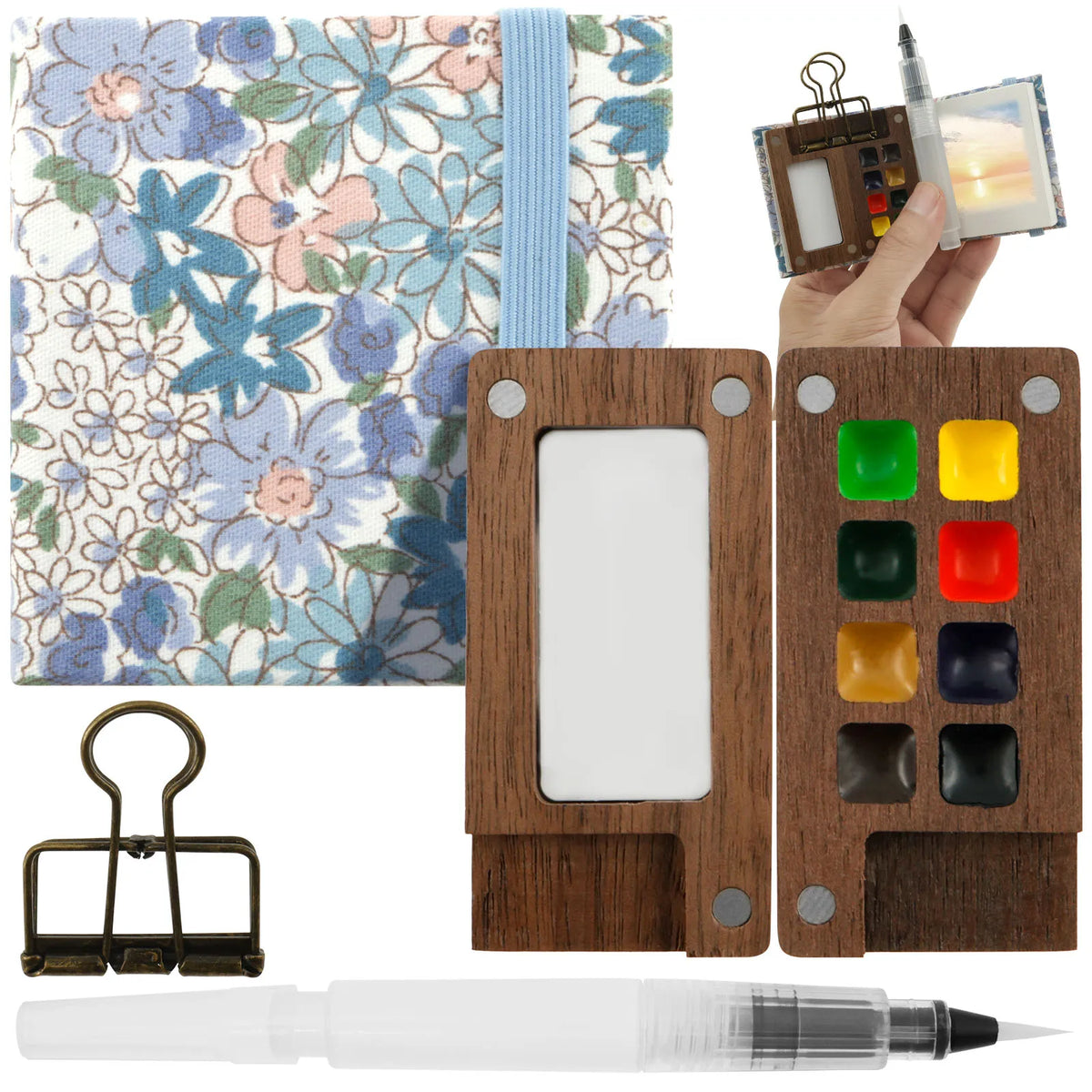 Mini Travel Watercolor Palette Set – 8 Grid Wood Paint Kit