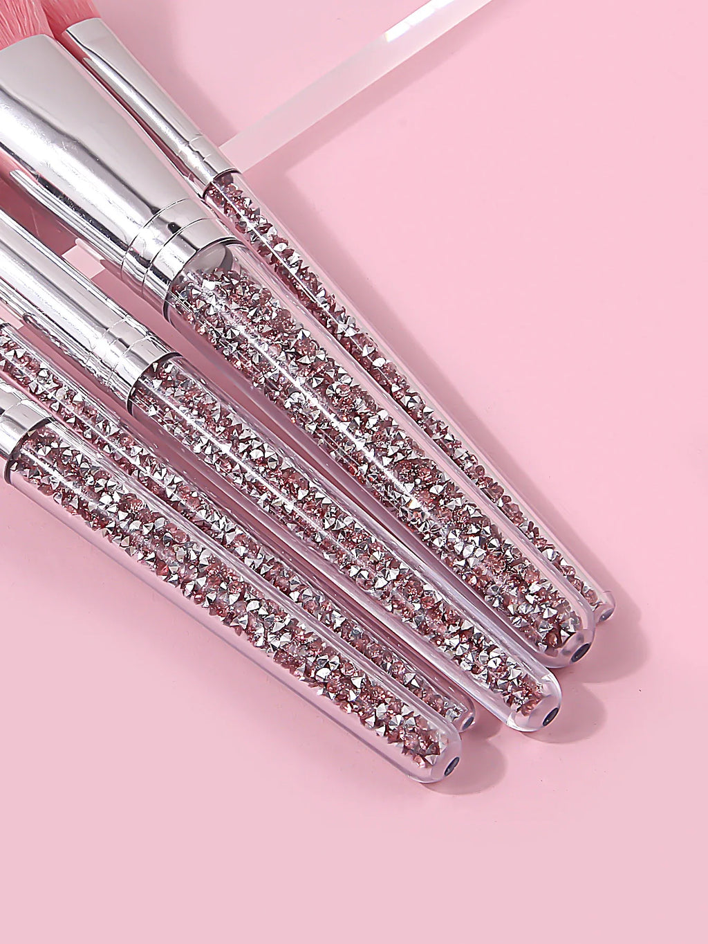 5-Piece Pink Diamond Makeup Brush Set with Bag, Sponge & Puff