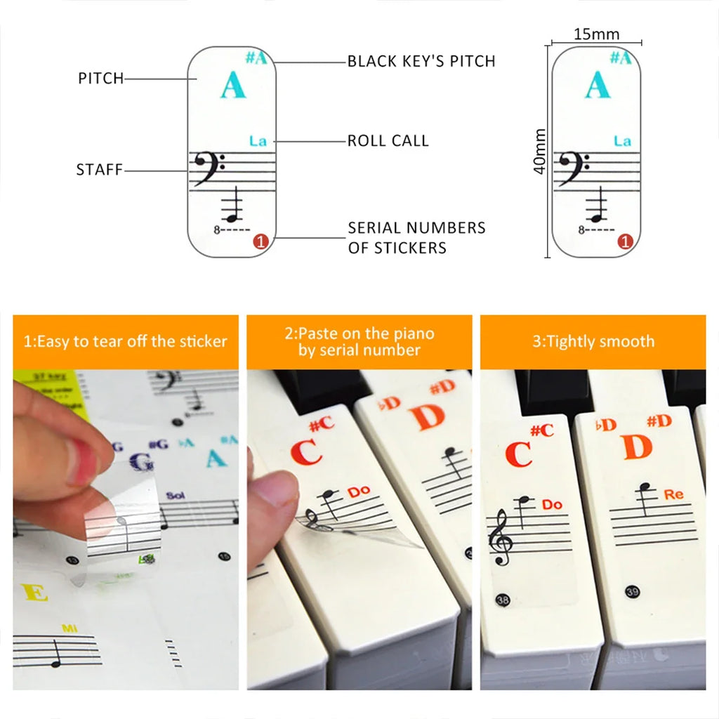 Piano Keyboard Stickers 32–88 Keys – Transparent Note Decals