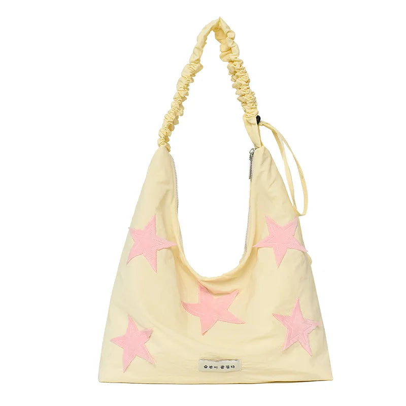 Korean Star Embroidered Canvas Tote Shoulder & Crossbody Bag