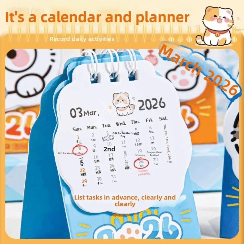 Cute Mini 2026 Desk Calendar – Cartoon Cat Planner Ornament