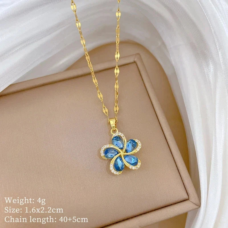 Women's Gold Flower Pendant Necklace – Zircon & Stainless Steel