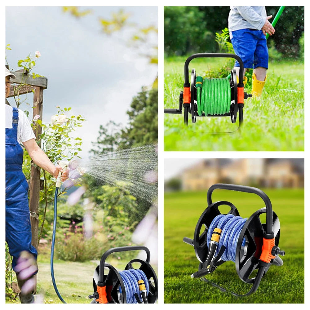 Portable Garden Hose Reel Storage Cart & Pipe Organizer Rack