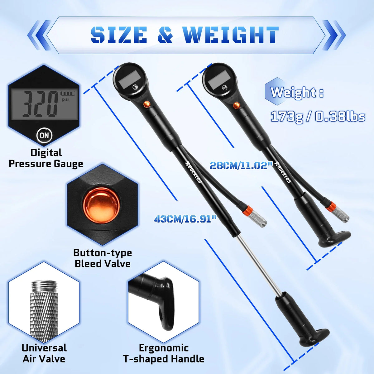 BUCKLOS 320PSI Portable Bike Pump – AV/FV MTB & Road