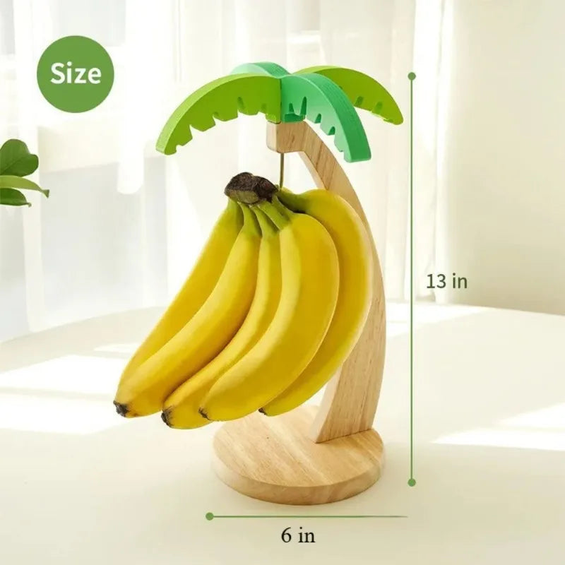 Wooden Banana Holder Fruit Shelf with Decorative Faux Leaves