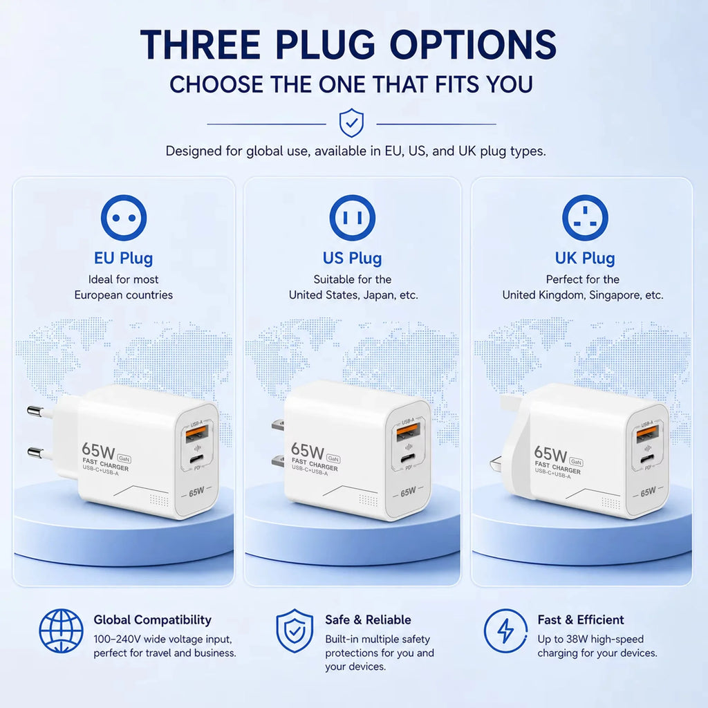 GaN 65W 2-Port USB-C PD Fast Wall Charger – EU/US Adapter