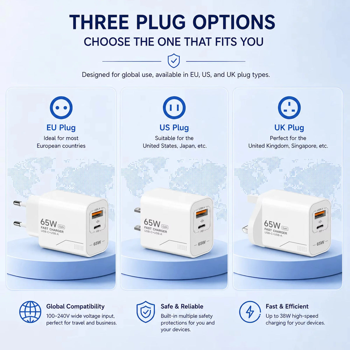 GaN 65W 2-Port USB-C PD Fast Wall Charger – EU/US Adapter