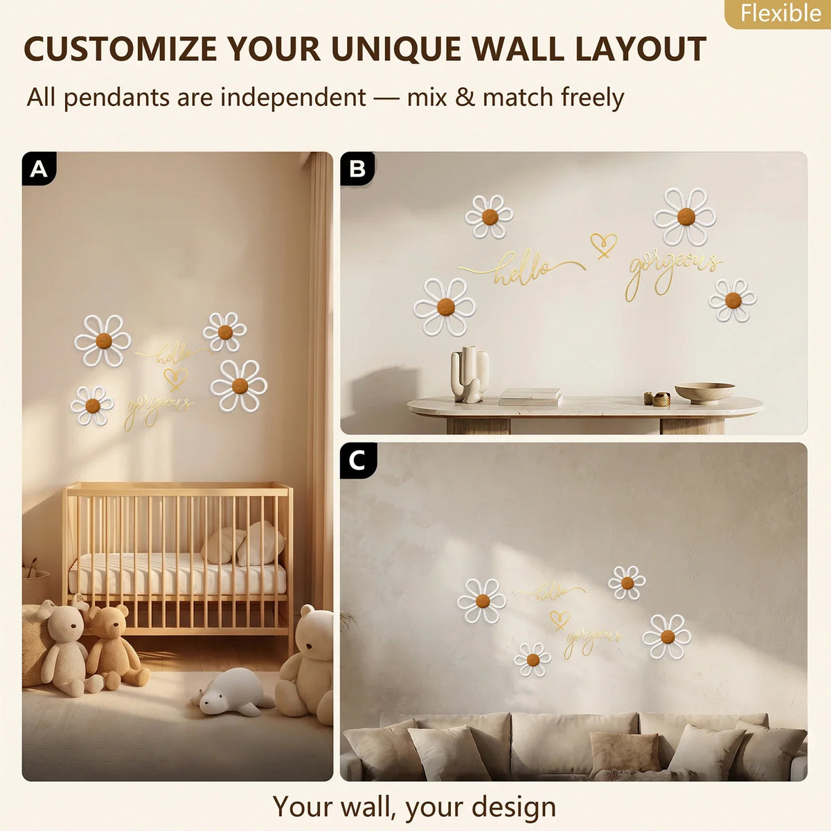 Hello Gorgeous Metal Wire Wall Decor Set | Boho Daisy Art