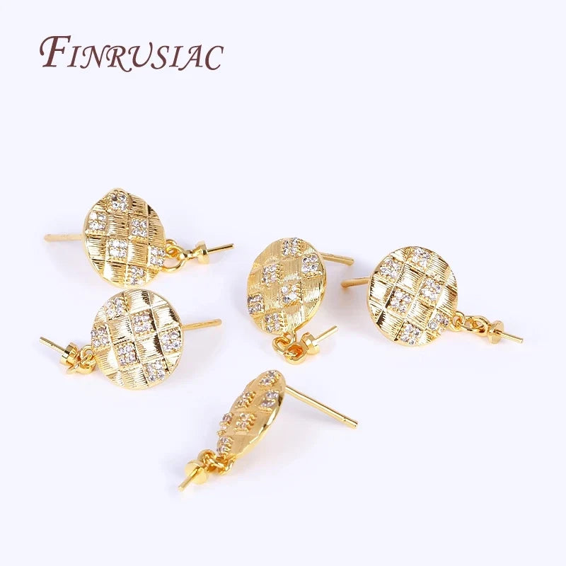 18K Gold Plated Zircon Round Post Earring Findings | DIY Pearl