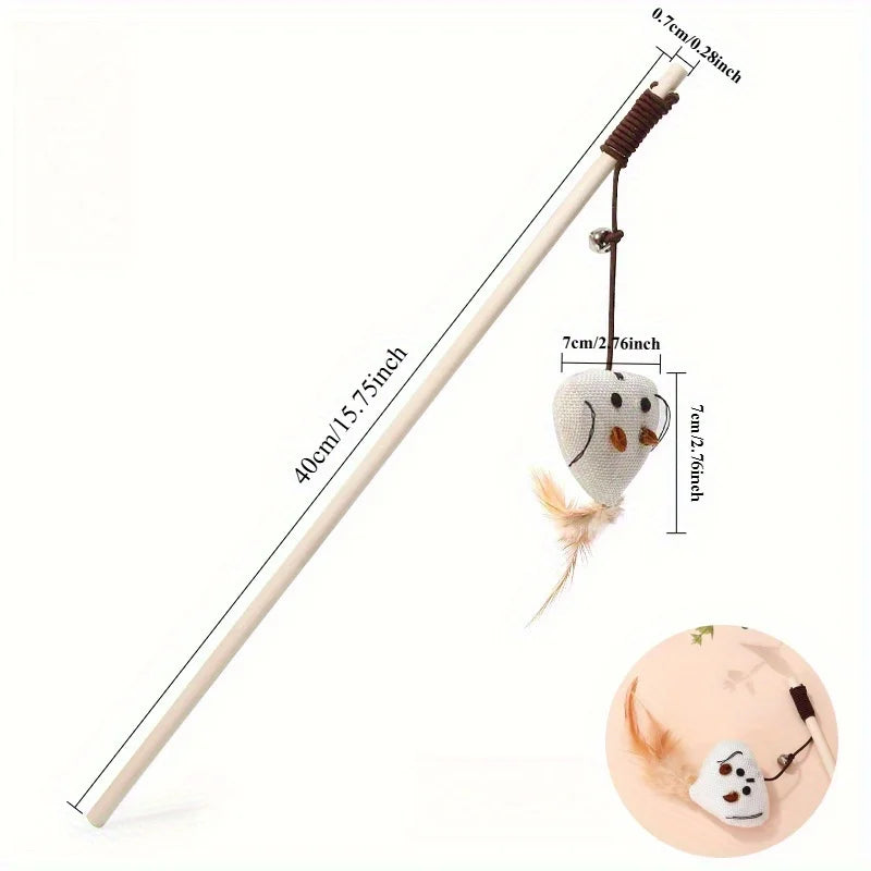 Wooden Cat Teaser Wand Toy – Feather Bell & Mouse Lure