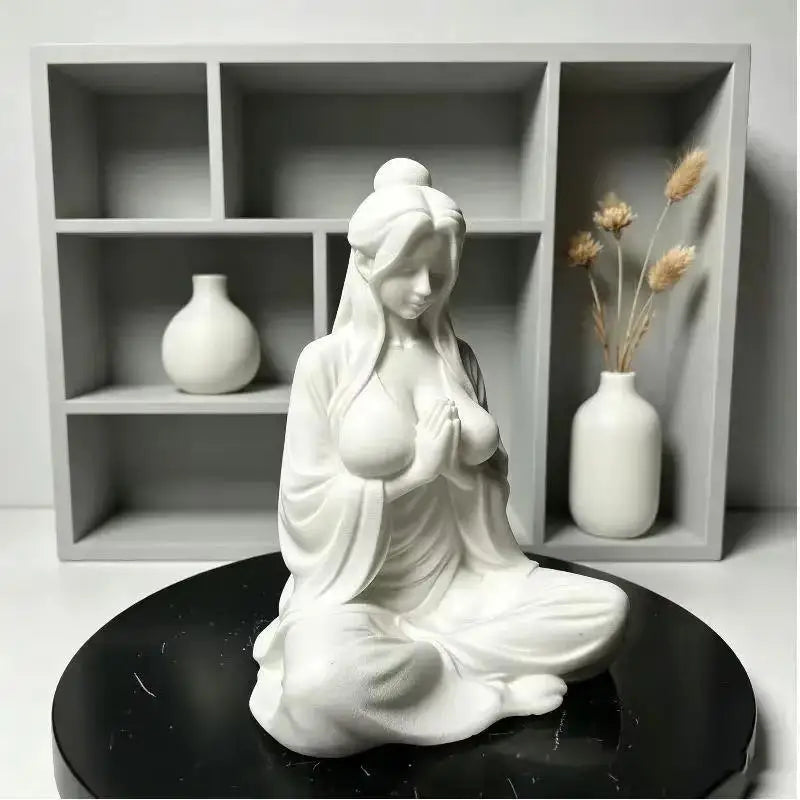 Mini Meditation Lady Figurine – Zen Matte White Desktop Statue