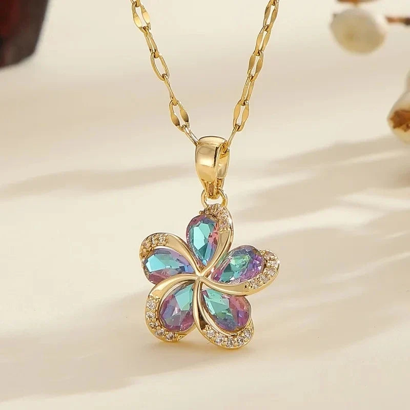 Women's Gold Flower Pendant Necklace – Zircon & Stainless Steel
