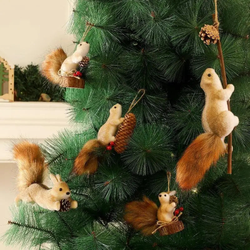 Plush Squirrel Christmas Ornament with Pinecone & Fluffy Tail