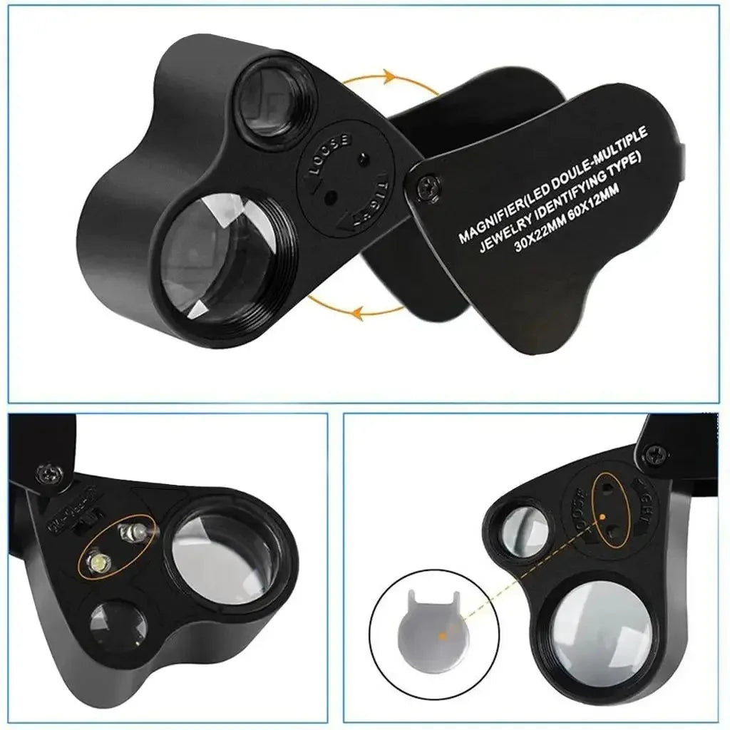 30X 60X Jewelers Loupe Magnifier with LED Light | Foldable