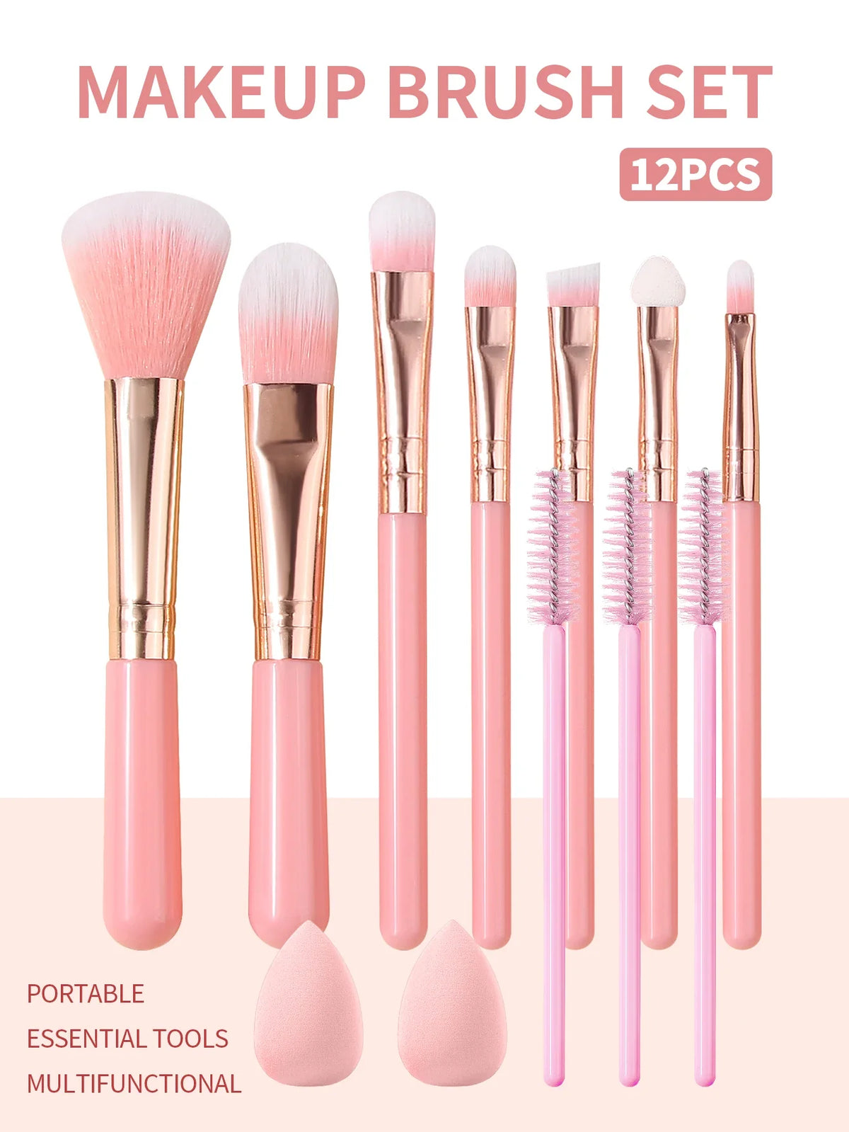 12-Piece Soft Pink Makeup Brush Set with Sponge | Beauty Kit