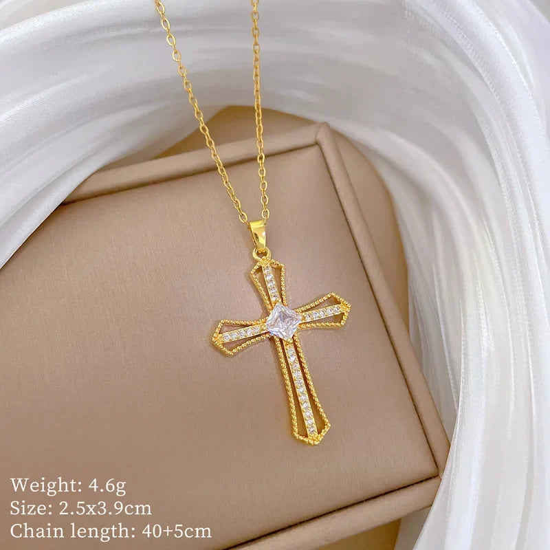 Gold Cross Pendant Necklace – Stainless Steel Choker for Women