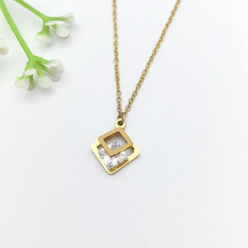 Double Layer Zircon Square Pendant Necklace | Stainless Steel
