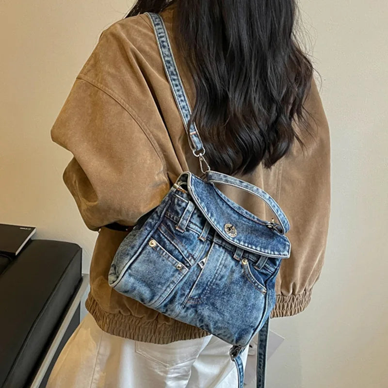 Korean Retro Denim Canvas Shoulder Bag Tote & Backpack