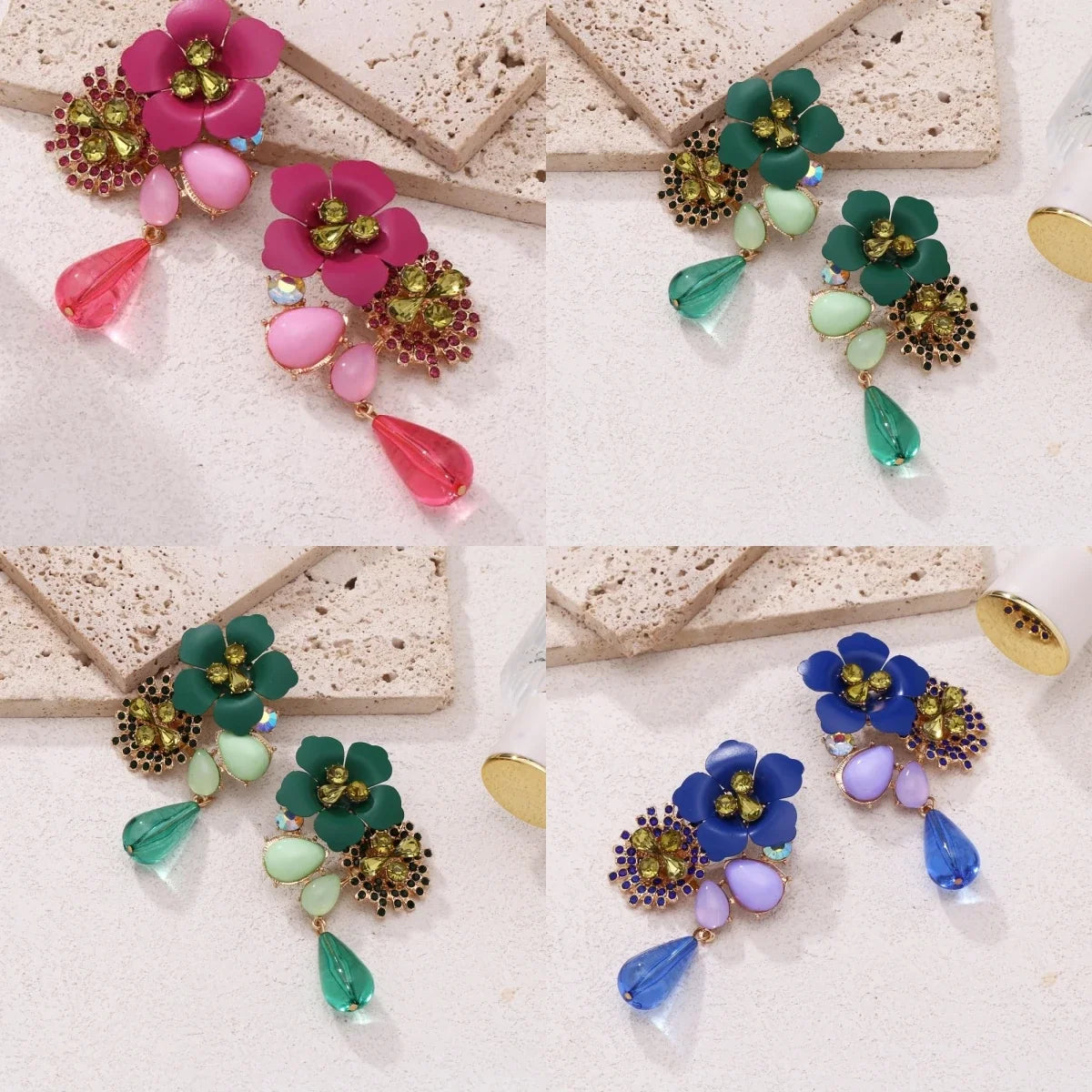 Women's Colorful Flower Rhinestone Drop Earrings – 14K Gold