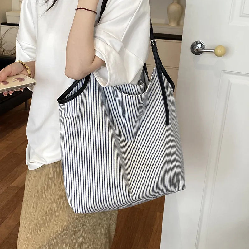 Color-Block Striped Canvas Tote Bag – Large Shoulder Bag